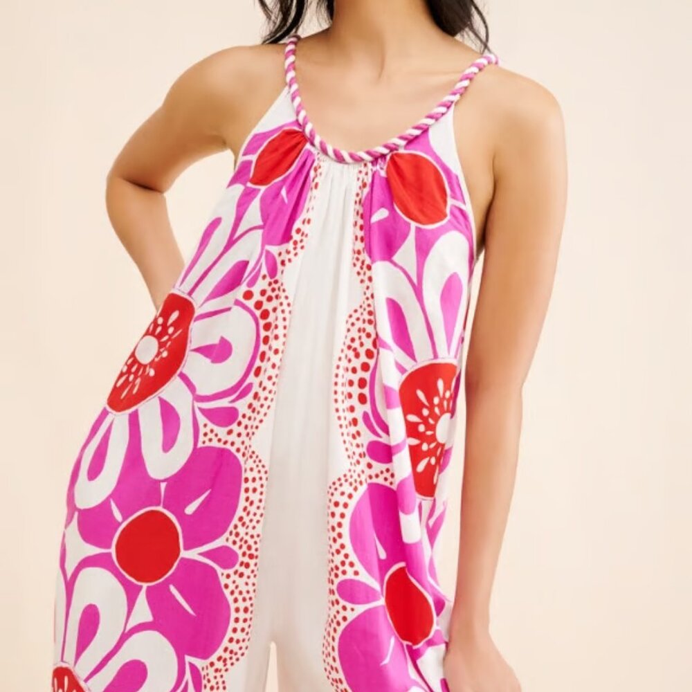 NWT - Farm Rio Maia Pink Floral Wide-Leg Linen Jumpsuit - Sz XXS